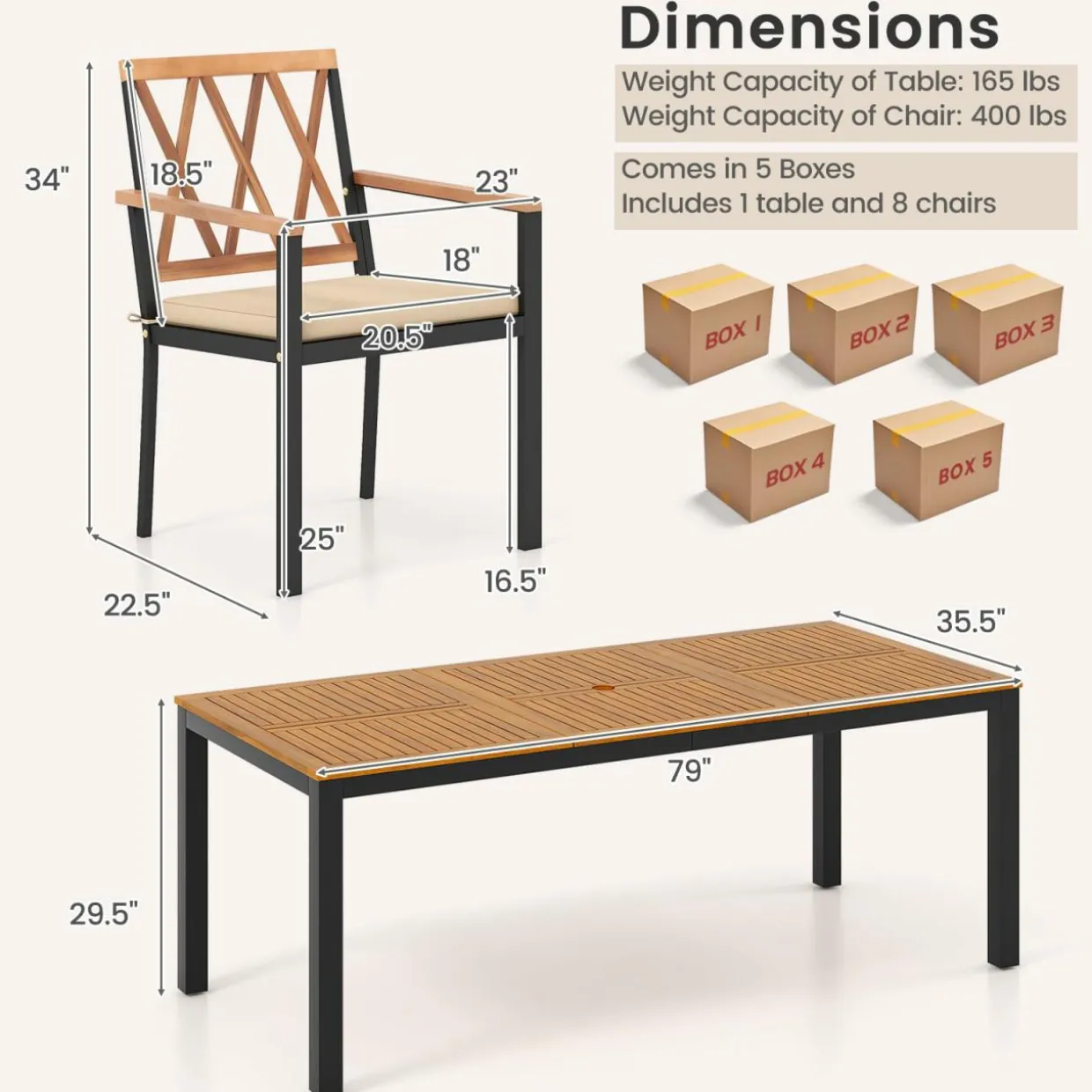 Tangkula 9 Piece Outdoor Patio Dining Set, Rectangular Dining Table & Chairs Set for 8 w/Acacia Wood Tabletop
