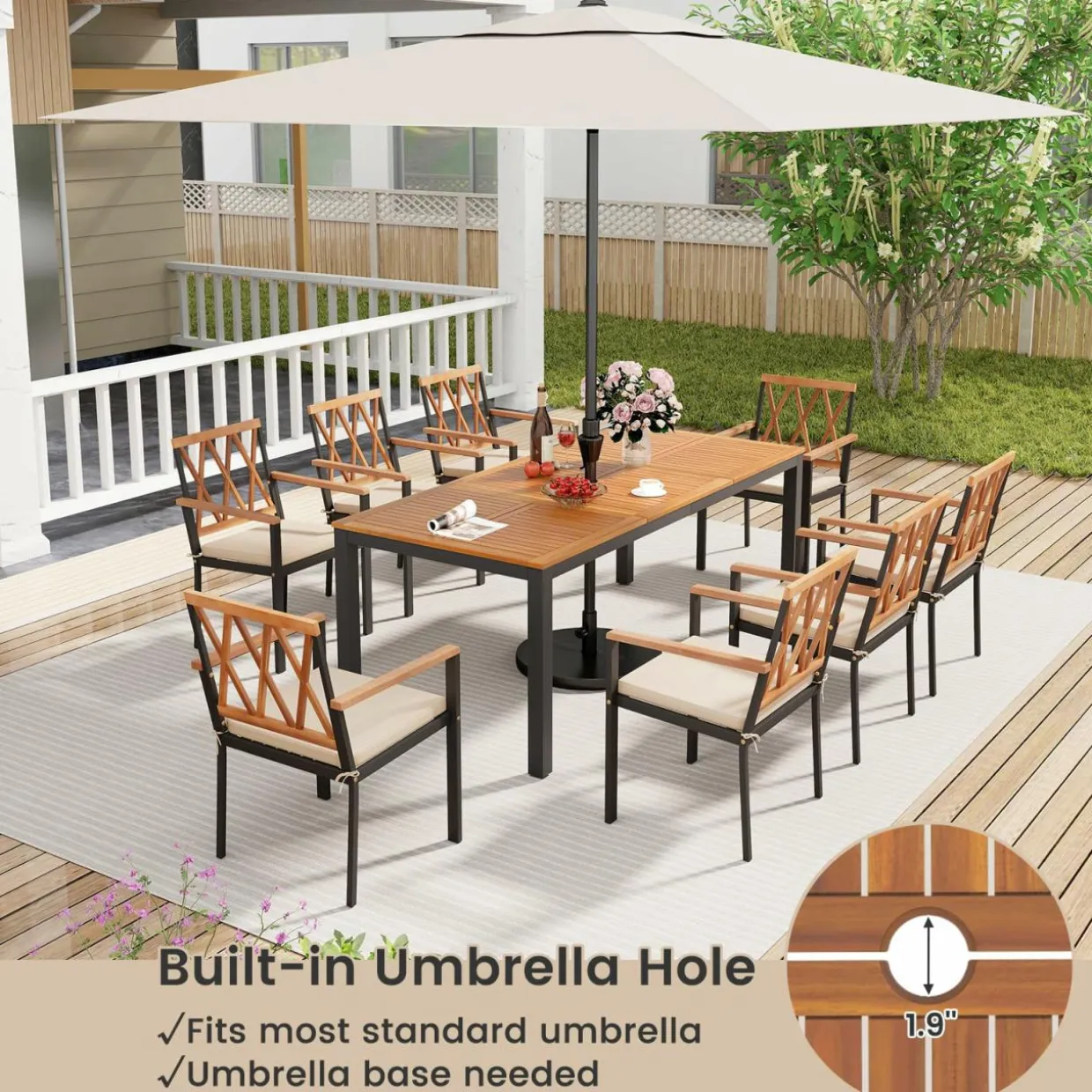 Tangkula 9 Piece Outdoor Patio Dining Set, Rectangular Dining Table & Chairs Set for 8 w/Acacia Wood Tabletop