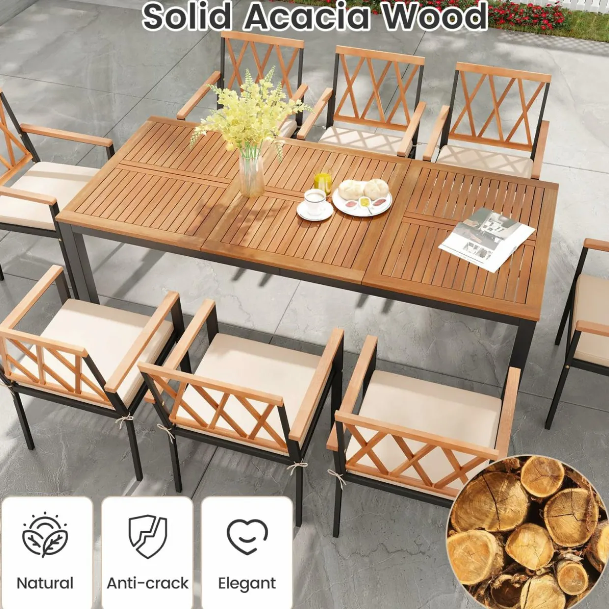 Tangkula 9 Piece Outdoor Patio Dining Set, Rectangular Dining Table & Chairs Set for 8 w/Acacia Wood Tabletop