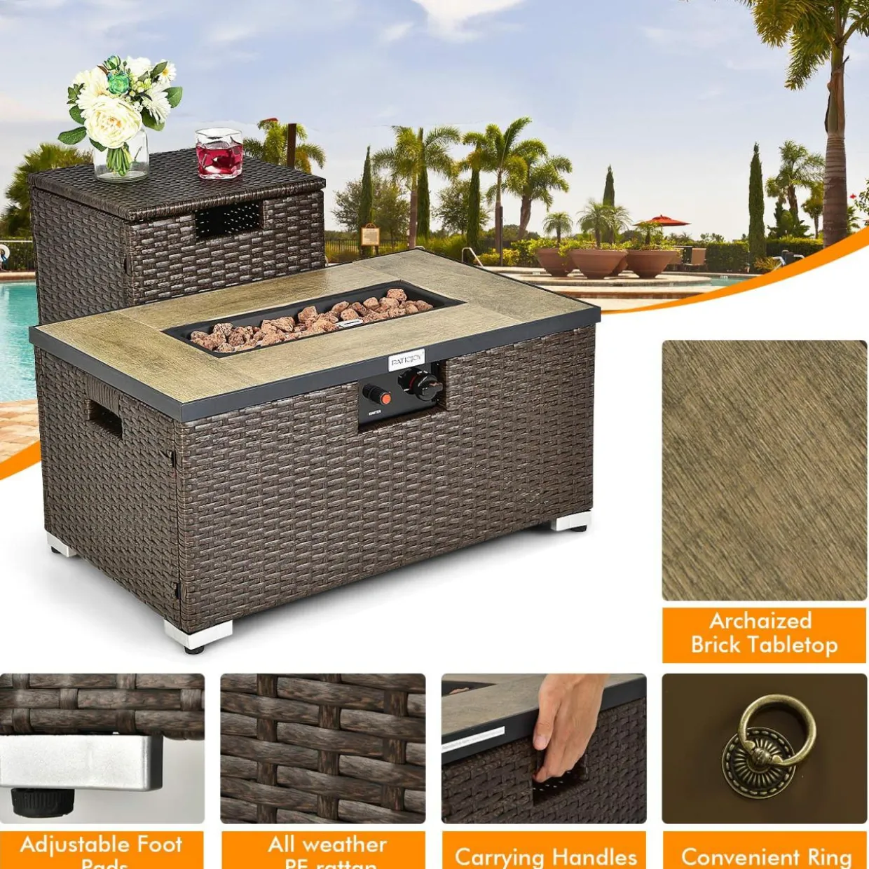 Tangkula 2 Piece Outdoor Propane Fire Pit Table Set with Hideaway Propane Tank Holder
