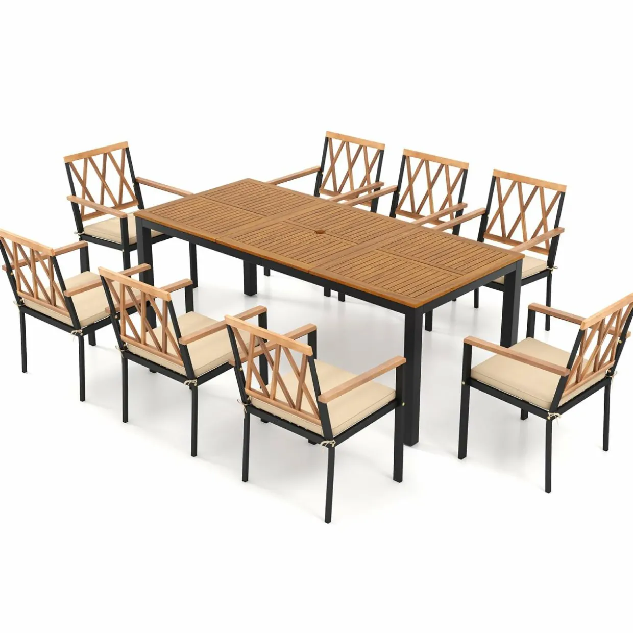 Tangkula 9 Piece Outdoor Patio Dining Set, Rectangular Dining Table & Chairs Set for 8 w/Acacia Wood Tabletop