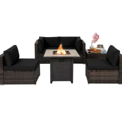 Tangkula 6 Piece Outdoor Rattan Sofa Set with 30in Propane Gas Fire Table