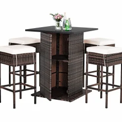 Tangkula 5 Piece Outdoor Rattan Bar Set, Patio Bar Furniture with 4 Cushions Stools and Smooth Top Table