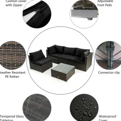 Tangkula 6 Piece Outdoor Rattan Sofa Set with 30in Propane Gas Fire Table