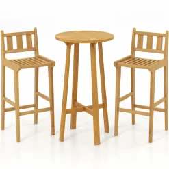 Tangkula 3 Piece Patio Bar Set, Teak Wood Bistro Furniture with Footrest