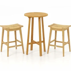 Tangkula 3 Piece Patio Bar Set, Teak Wood Bistro Furniture with Footrest, Round Cocktail Table with 2 Rattan Saddle Stools