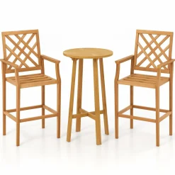 Tangkula 3 Piece Patio Bar Set, Teak Wood Bistro Furniture with Backrest, Armrests & Footrest