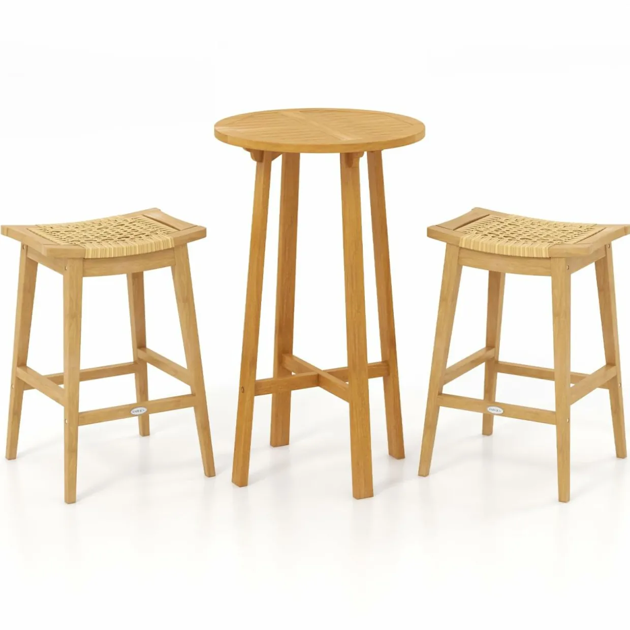 Tangkula 3 Piece Patio Bar Set, Teak Wood Bistro Furniture with Footrest, Round Cocktail Table with 2 Rattan Saddle Stools