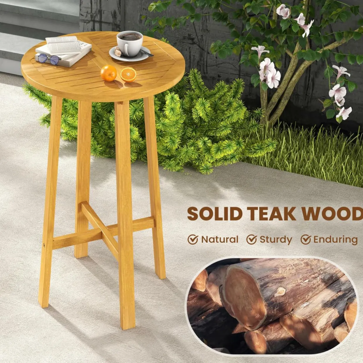 Tangkula 3 Piece Patio Bar Set, Teak Wood Bistro Furniture with Footrest, Round Cocktail Table with 2 Rattan Saddle Stools