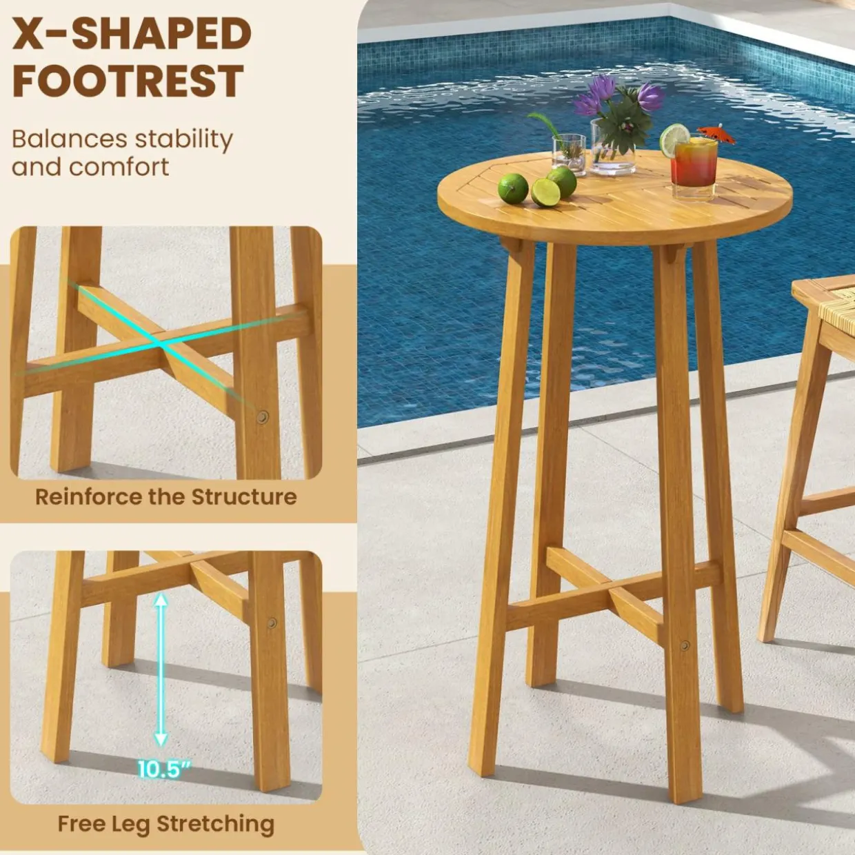 Tangkula 3 Piece Patio Bar Set, Teak Wood Bistro Furniture with Backrest, Armrests & Footrest