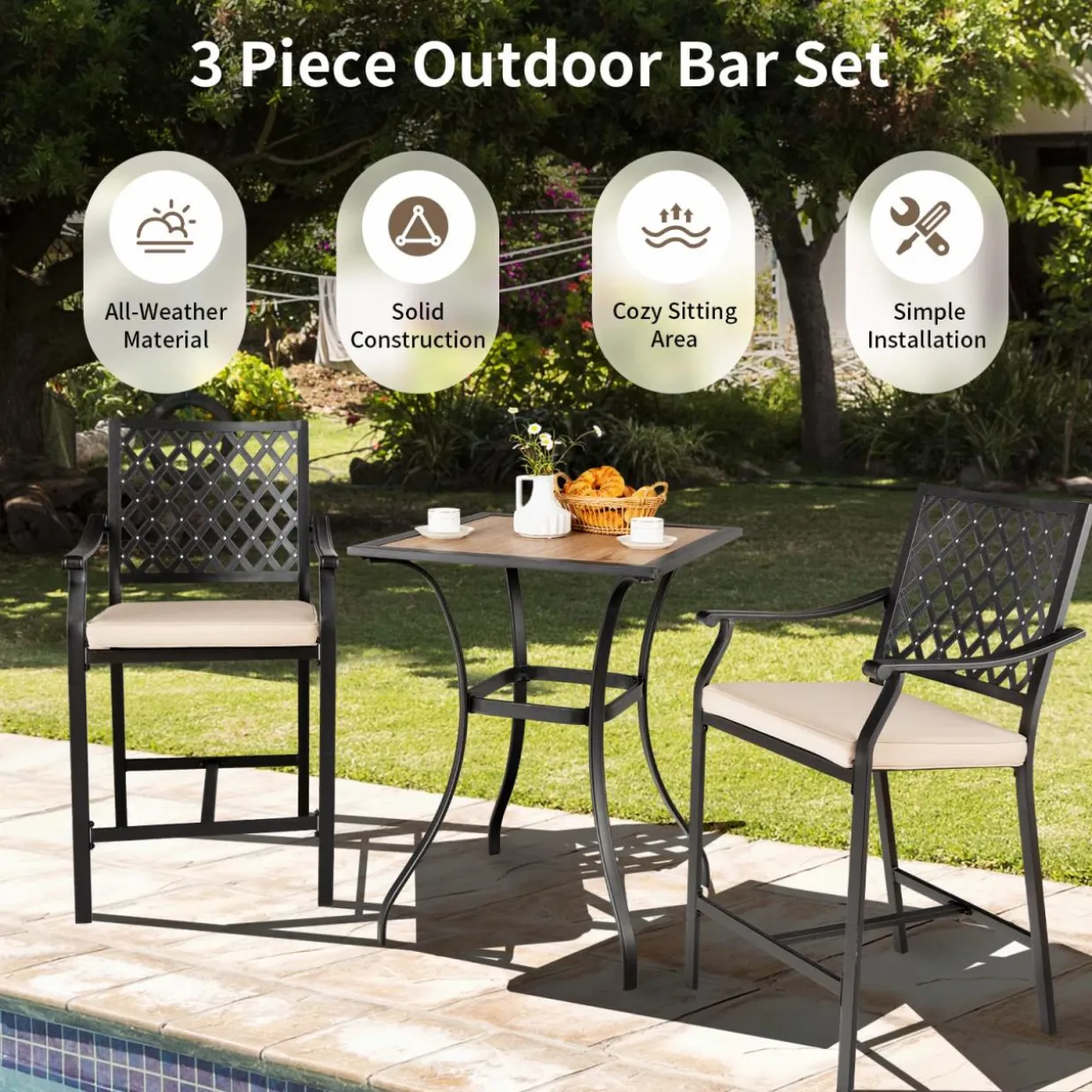 Tangkula 3 Piece Patio Bar Bistro Set, Outdoor Bar Height Stool & Table