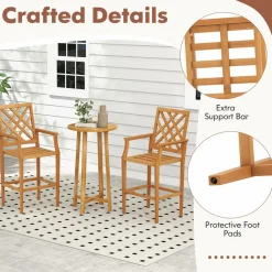 Tangkula 3 Piece Patio Bar Set, Teak Wood Bistro Furniture with Backrest, Armrests & Footrest