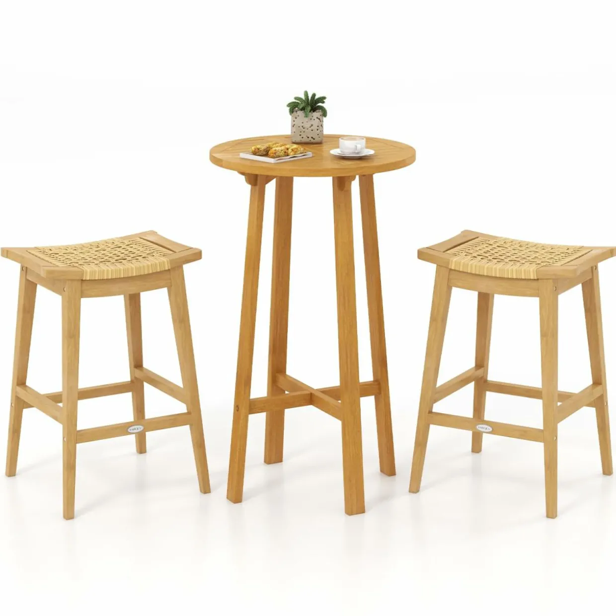 Tangkula 3 Piece Patio Bar Set, Teak Wood Bistro Furniture with Footrest, Round Cocktail Table with 2 Rattan Saddle Stools