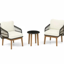 Tangkula 3 Piece Patio Chair Set, Wicker Chair & Side Table Set with Soft Cushions & Tempered Glass Tabletop