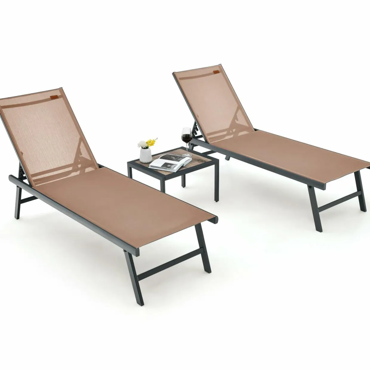 Tangkula 3 Piece Patio Chaise Lounge Set, Aluminum Patio Recliner with Coffee Table