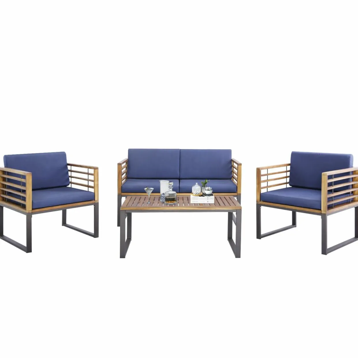 Tangkula 4 Piece Patio Chair Set, Acacia Wood Chair Set w/ 2 Chairs, 1 Loveseat & 1 Coffee Table