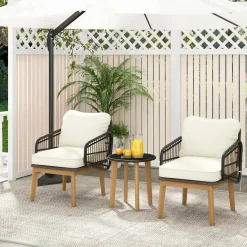 Tangkula 3 Piece Patio Chair Set, Wicker Chair & Side Table Set with Soft Cushions & Tempered Glass Tabletop