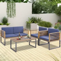 Tangkula 4 Piece Patio Chair Set, Acacia Wood Chair Set w/ 2 Chairs, 1 Loveseat & 1 Coffee Table