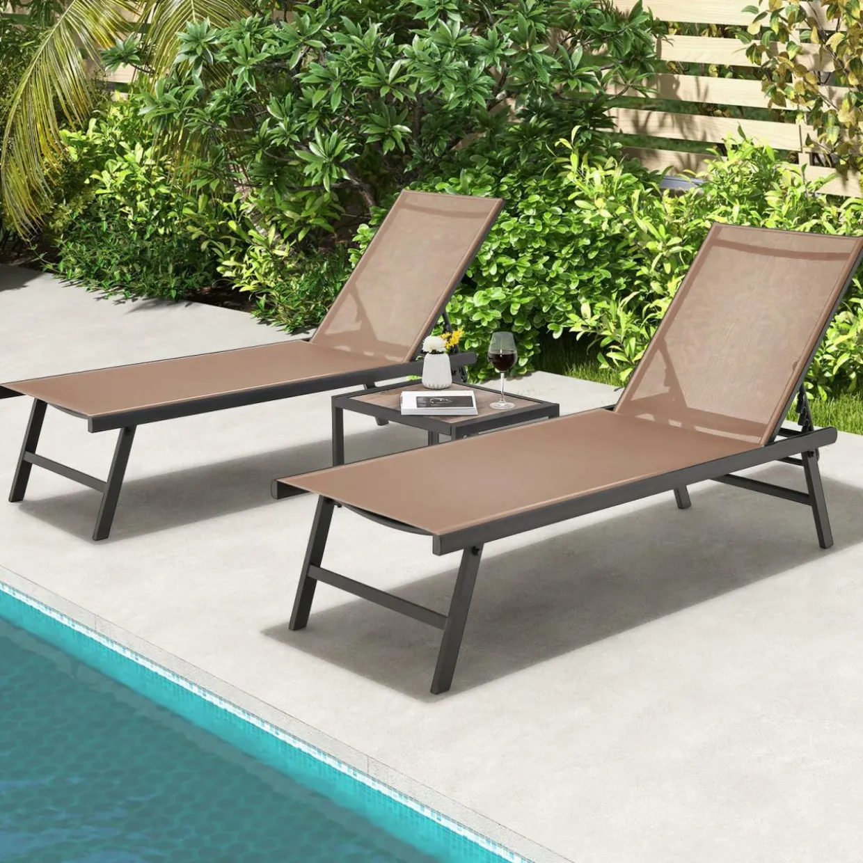 Tangkula 3 Piece Patio Chaise Lounge Set, Aluminum Patio Recliner with Coffee Table