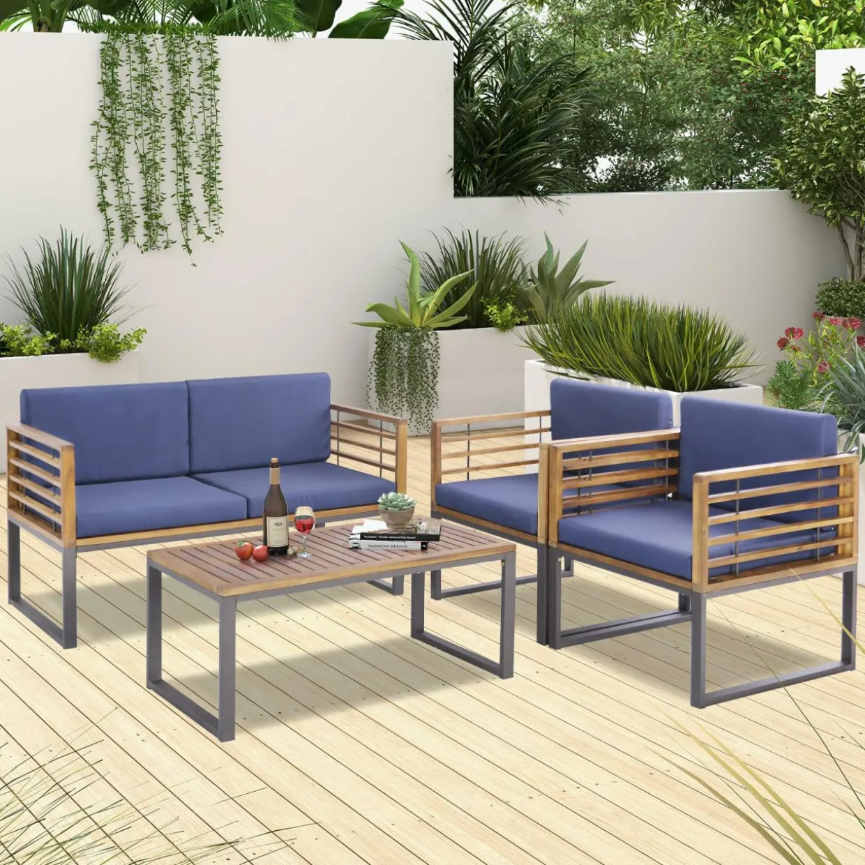 Tangkula 4 Piece Patio Chair Set, Acacia Wood Chair Set w/ 2 Chairs, 1 Loveseat & 1 Coffee Table