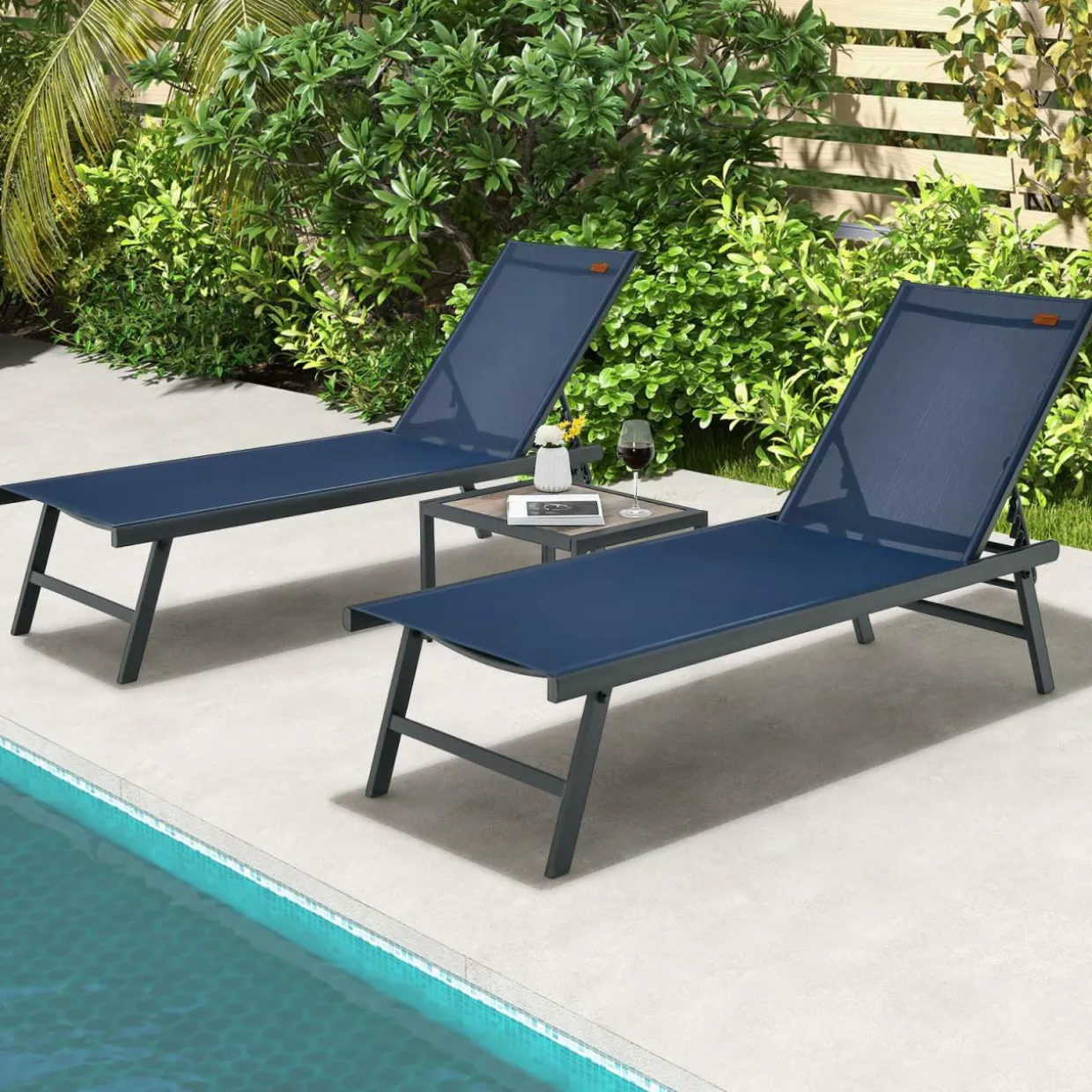 Tangkula 3 Piece Patio Chaise Lounge Set, Aluminum Patio Recliner with Coffee Table