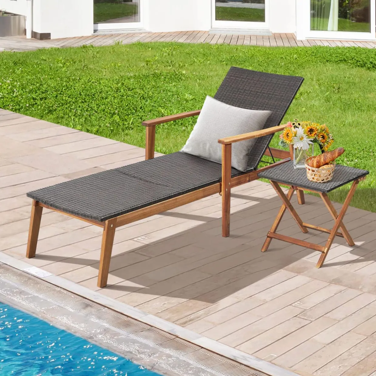 Tangkula 2 Piece Patio Chaise Lounge & Table Set, Outdoor Rattan Recliner