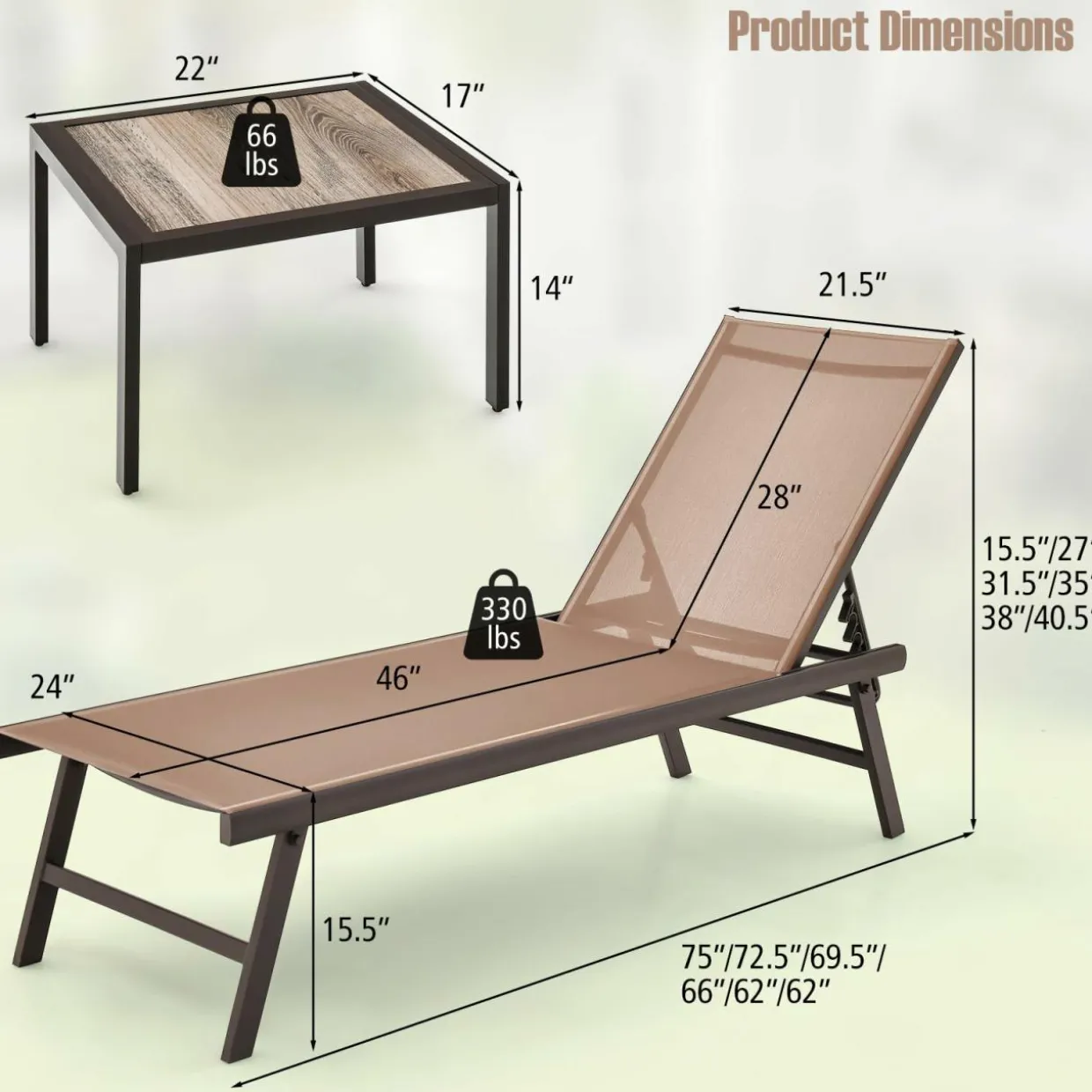 Tangkula 3 Piece Patio Chaise Lounge Set, Aluminum Patio Recliner with Coffee Table