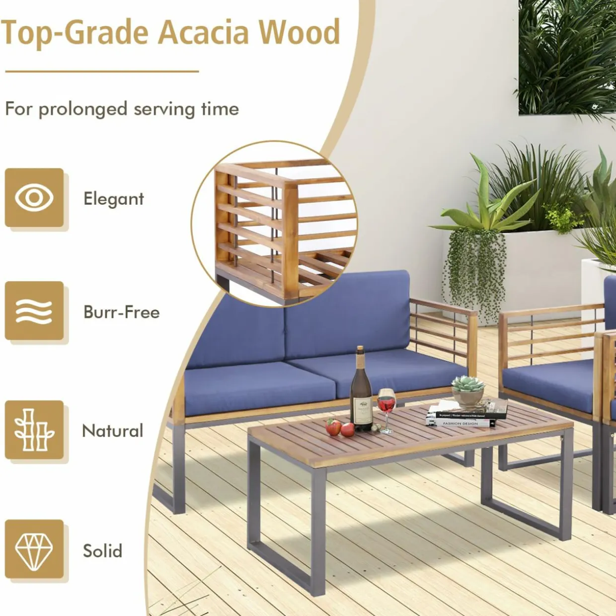 Tangkula 4 Piece Patio Chair Set, Acacia Wood Chair Set w/ 2 Chairs, 1 Loveseat & 1 Coffee Table