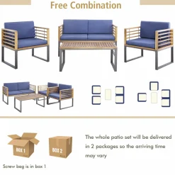 Tangkula 4 Piece Patio Chair Set, Acacia Wood Chair Set w/ 2 Chairs, 1 Loveseat & 1 Coffee Table