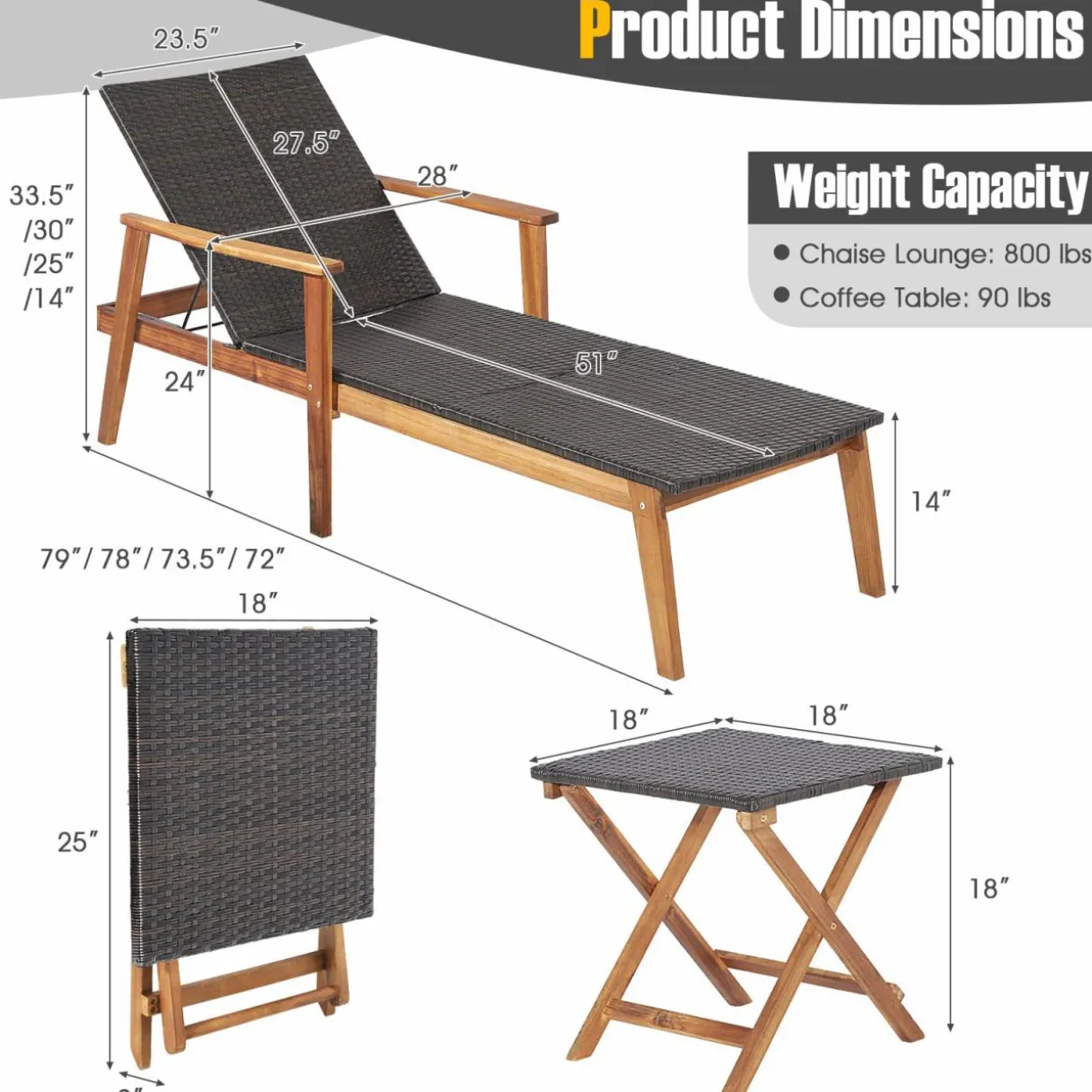 Tangkula 2 Piece Patio Chaise Lounge & Table Set, Outdoor Rattan Recliner