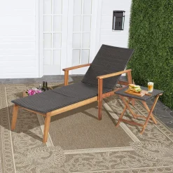 Tangkula 3 Piece Patio Chaise Lounge & Table Set, Outdoor Rattan Lounge Chair