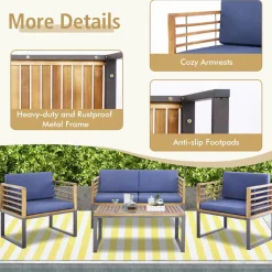 Tangkula 4 Piece Patio Chair Set, Acacia Wood Chair Set w/ 2 Chairs, 1 Loveseat & 1 Coffee Table