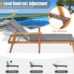 Tangkula 2 Piece Patio Chaise Lounge & Table Set, Outdoor Rattan Recliner