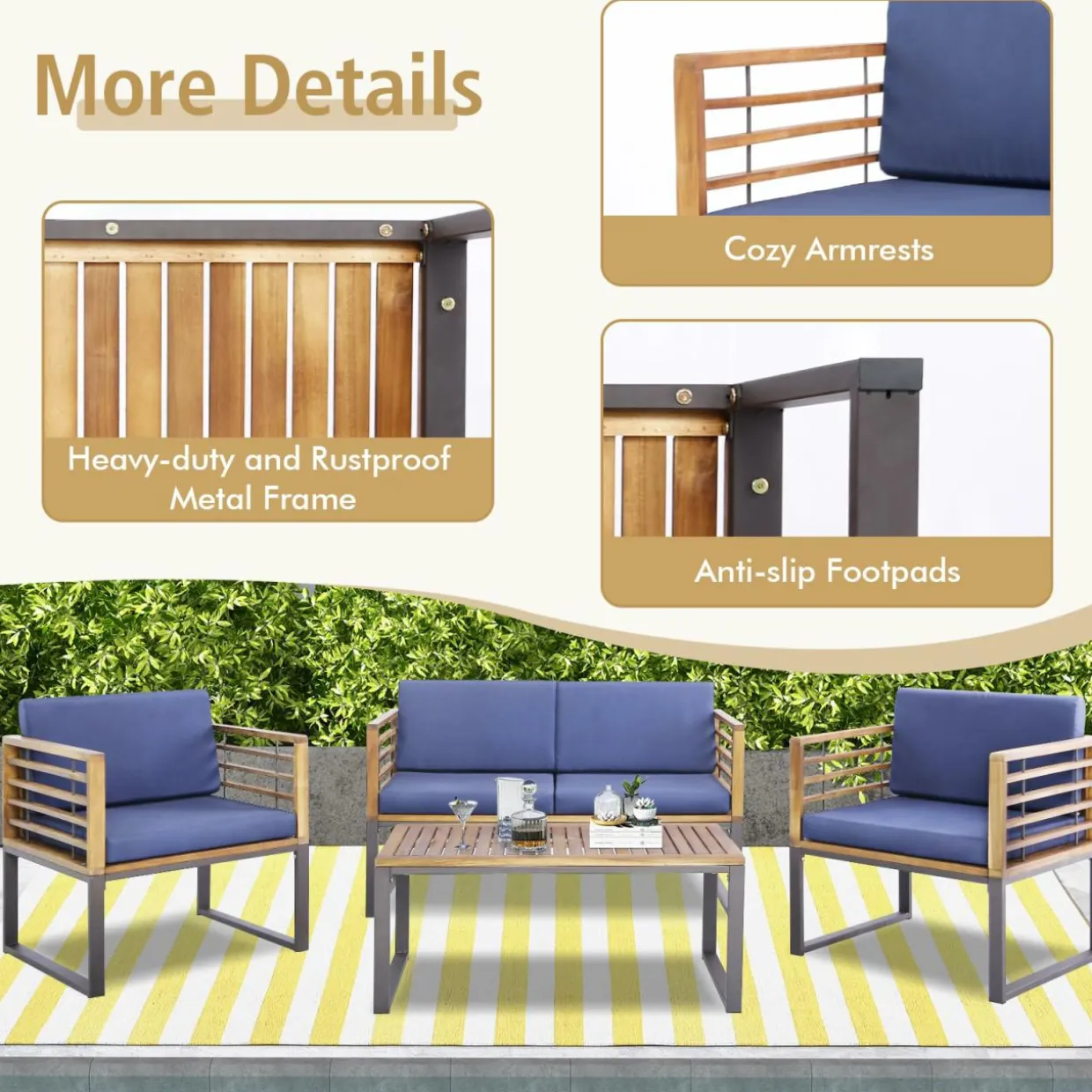 Tangkula 4 Piece Patio Chair Set, Acacia Wood Chair Set w/ 2 Chairs, 1 Loveseat & 1 Coffee Table