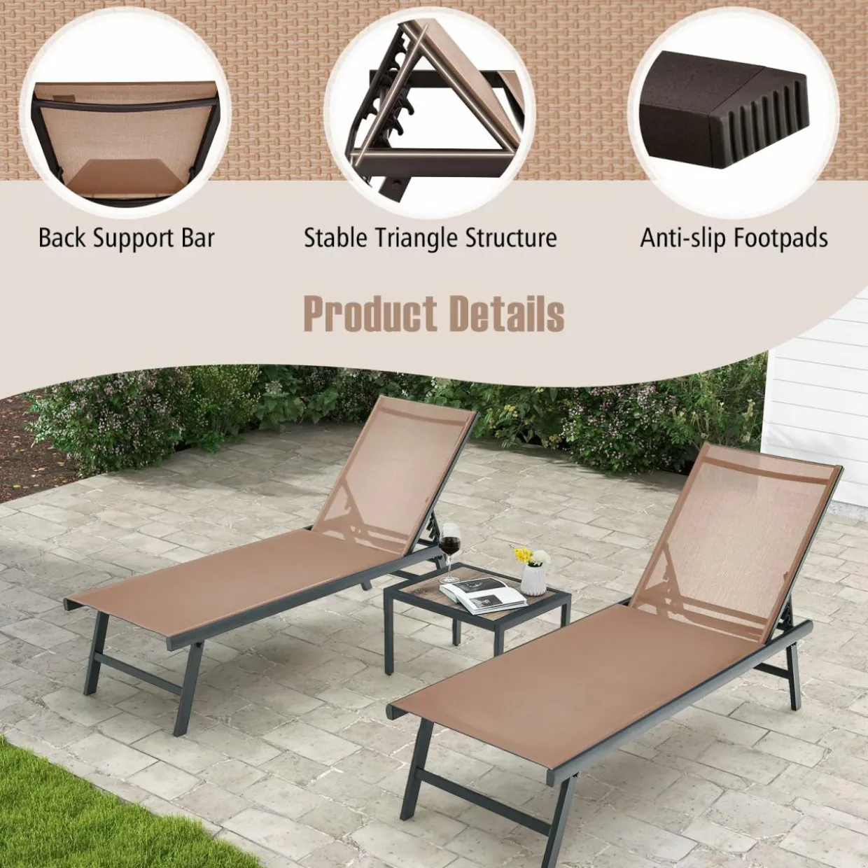 Tangkula 3 Piece Patio Chaise Lounge Set, Aluminum Patio Recliner with Coffee Table
