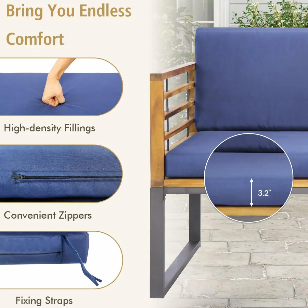 Tangkula 4 Piece Patio Chair Set, Acacia Wood Chair Set w/ 2 Chairs, 1 Loveseat & 1 Coffee Table