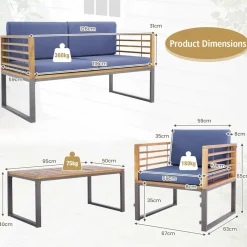 Tangkula 4 Piece Patio Chair Set, Acacia Wood Chair Set w/ 2 Chairs, 1 Loveseat & 1 Coffee Table