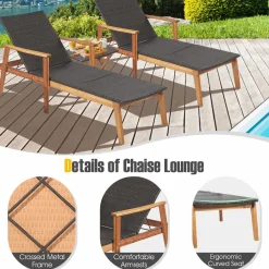 Tangkula 2 Piece Patio Chaise Lounge & Table Set, Outdoor Rattan Recliner