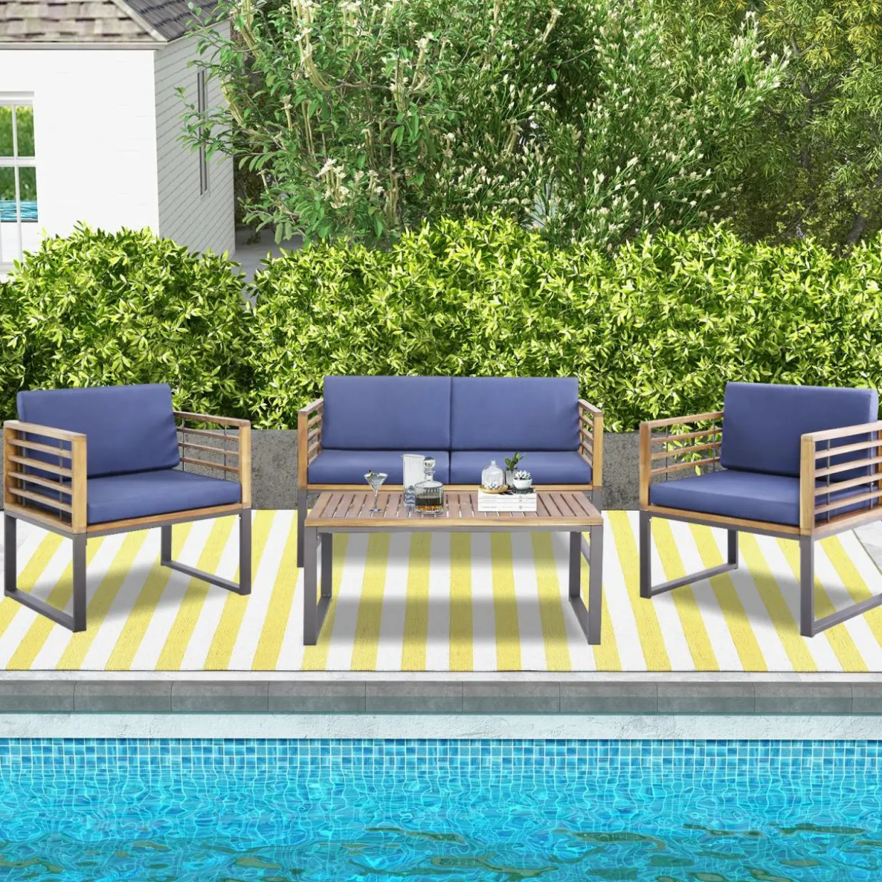 Tangkula 4 Piece Patio Chair Set, Acacia Wood Chair Set w/ 2 Chairs, 1 Loveseat & 1 Coffee Table
