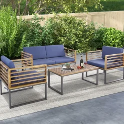 Tangkula 4 Piece Patio Chair Set, Acacia Wood Chair Set w/ 2 Chairs, 1 Loveseat & 1 Coffee Table