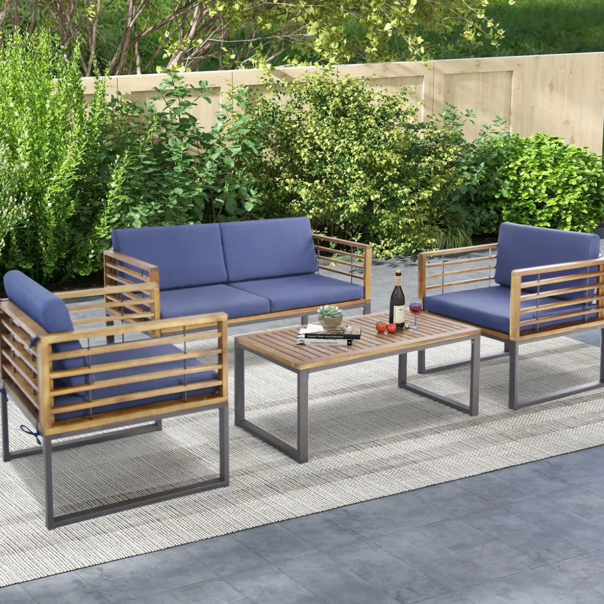 Tangkula 4 Piece Patio Chair Set, Acacia Wood Chair Set w/ 2 Chairs, 1 Loveseat & 1 Coffee Table