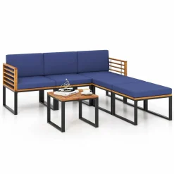Tangkula 6 Piece Patio Conversation Sofa Set, Acacia Wood Chair Set with Ottomans & Coffee Table