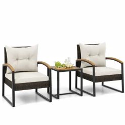 Tangkula 3 Piece Patio Conversation Set, includes 2 Rattan Chairs and Coffee Table, Solid Acacia Wood Armrests & Tabletop