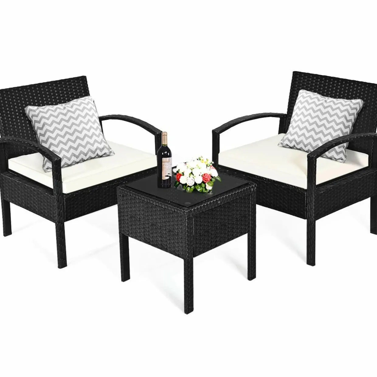 Tangkula 3 Piece Patio Conversation Set, Outdoor Rattan Sofa Set with White Seat Cushions & Coffee Table