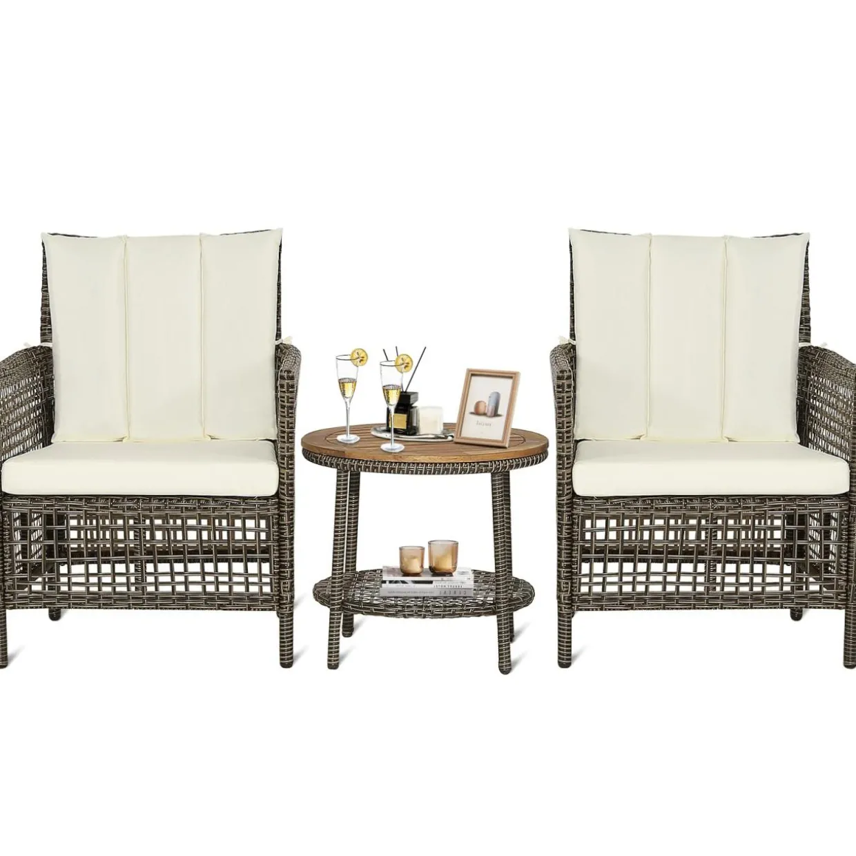 Tangkula 3 Piece Patio Conversation Set, Outdoor Rattan Chair Set W/ 2-Tier Coffee Table (Off White)