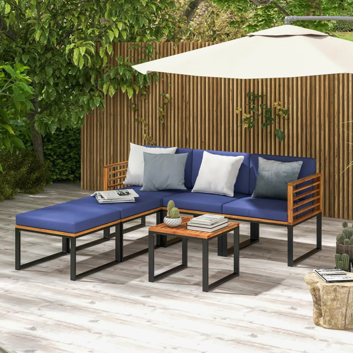 Tangkula 6 Piece Patio Conversation Sofa Set, Acacia Wood Chair Set with Ottomans & Coffee Table