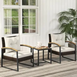 Tangkula 3 Piece Patio Conversation Set, includes 2 Rattan Chairs and Coffee Table, Solid Acacia Wood Armrests & Tabletop