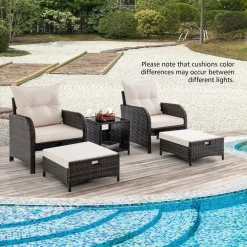 Tangkula 5 Piece Patio Conversation Set, Patiojoy Outdoor Rattan Sofa Set w/ 2 Chairs, 2 Ottomans & 1 Coffee Table