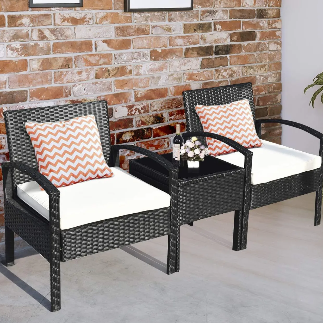 Tangkula 3 Piece Patio Conversation Set, Outdoor Rattan Sofa Set with White Seat Cushions & Coffee Table
