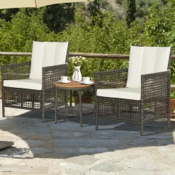 Tangkula 3 Piece Patio Conversation Set, Outdoor Rattan Chair Set W/ 2-Tier Coffee Table (Off White)